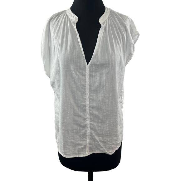 H&M Tops - H&M White Blouse Cotton Split Neck Frill-Trimmed Cap Sleeve Pullover S M Medium